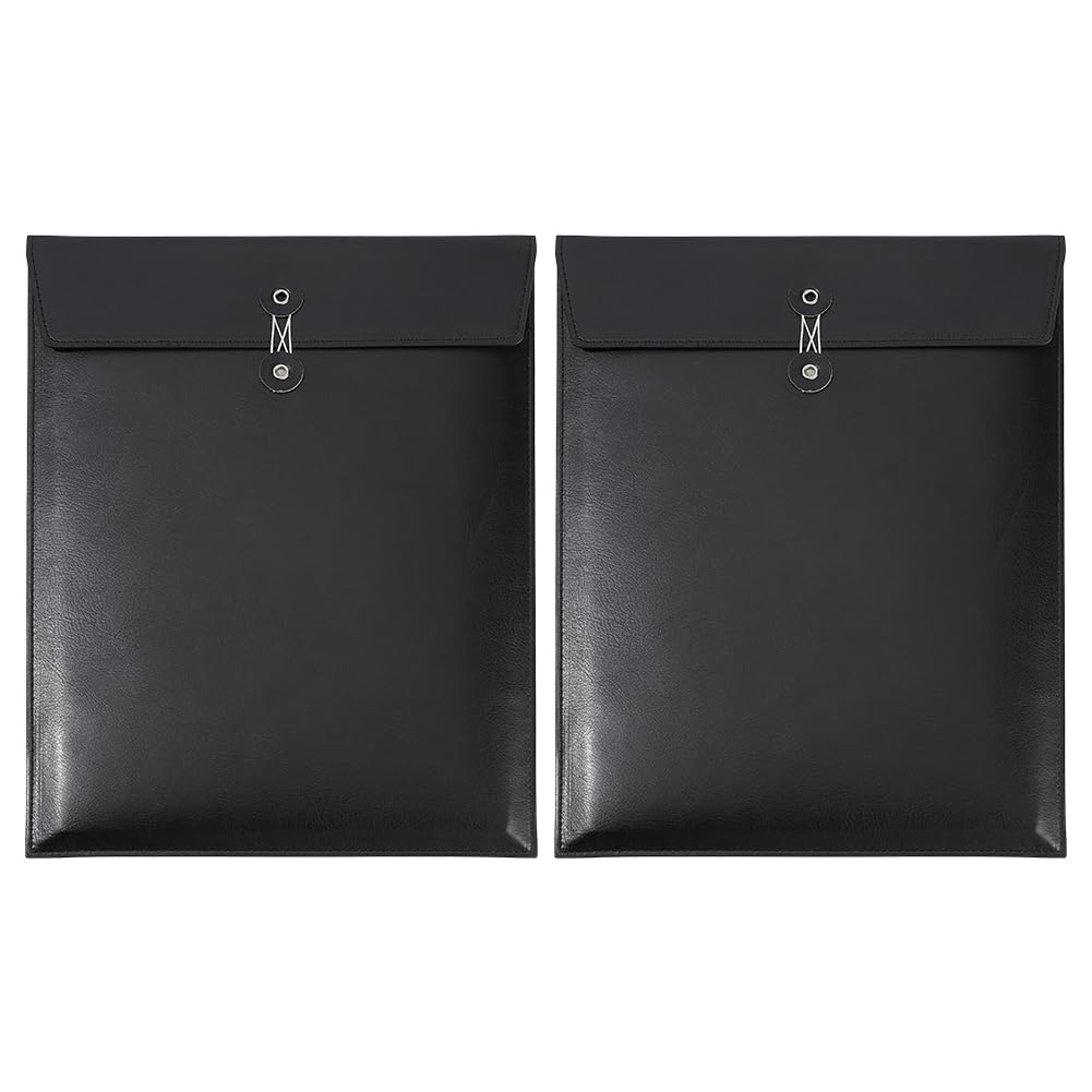 BENECREAT 2 Pcs PU Leather File Folers, Vertical A4 File Envelope Filing Folder, Waterproof Leather File Storage Pockets with String Tie Closure(Black)