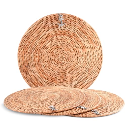 Vagabond House Large Woven Rattan Placemats Set of 4, Durable Wicker Placemats with Pewter Anchor Accent, Quality Rattan Chargers, Ideal for Coastal Beach Home