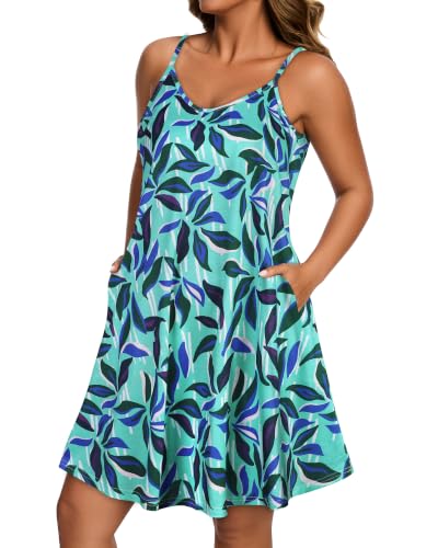 Image of Womens Spaghetti Strap Dress Summer Dresses Beach Pocket Casual Sundresses | 2026 Adjustable Spaghetti Straps Casual Beach Dress,Boho Sundress with Pockets ,Fashion V Neck Outfits,Beach Cover Ups