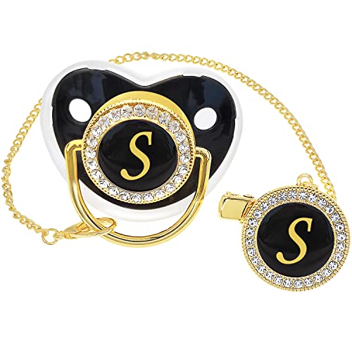 Image of Bling Personalized Black Baby Pacifier with Pacifier Clips and Anti-dust Cover A-Z 26 Letters(Black,S)