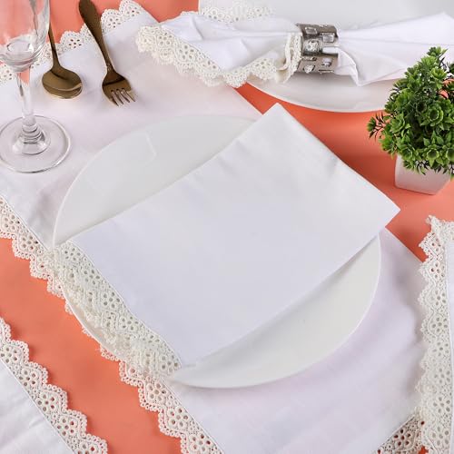 Image of FINGERCRAFT Cloth Napkins Set of 6, 20x20 Inch, 100% Cotton Table Napkins with Premium White Lace Edge, Reusable Washable Dinner Napkins for Wedding, Festive Dining, Parties & Home Decor (White)