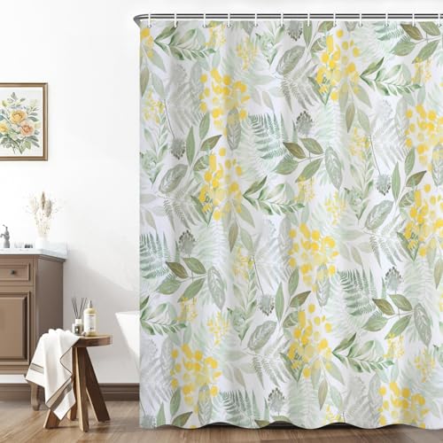 NAEMBCU Botanical Shower Curtain 71x74 Inch, Yellow Floral Shower Curtains, Sage Green Eucalyptus Wildflower, Farmhouse Boho Waterproof Fabric Bath Curtain with Hooks