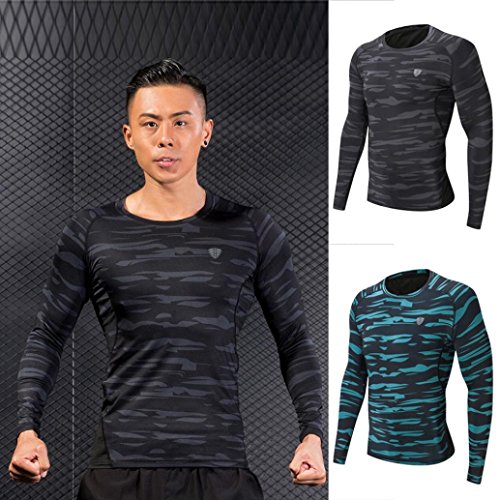Easytoy Men Quick Dry Long Sleeve Base Layer Top Camo Workout Blouse Shirt (Black, L)
