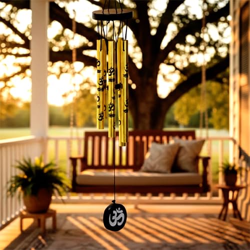 Feng Shui Wind Chime with Om Print - 5 Pipes for Indoor & Outdoor in Your Home Decorative Showpiece - 42 cm (Metal, Gold)-image-14