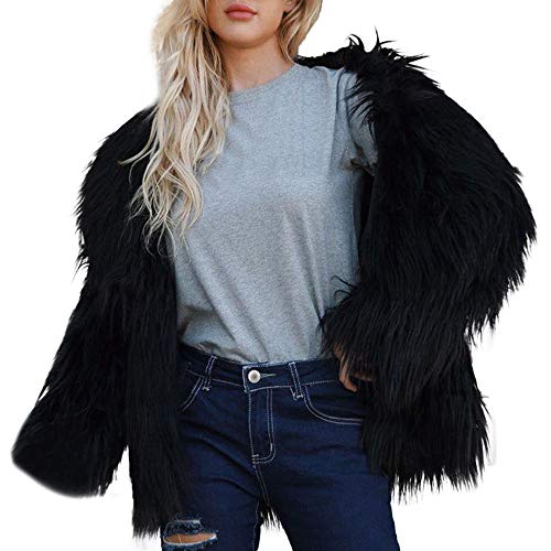 iQKA Womens Warm Fluffy Faux Fur Coat Solid Winter Jacket Soft Parka Lapel Outerwear(Black,Medium)