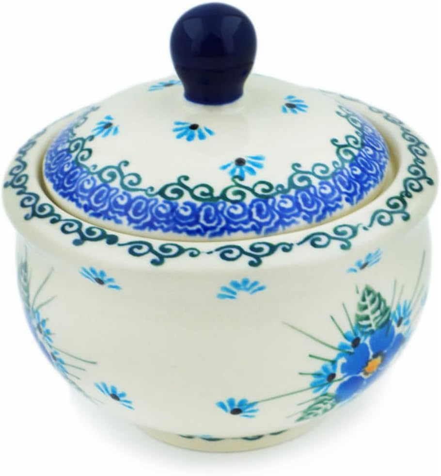 Polmedia Polish Pottery Sugar Bowl 7 oz UNIKAT - Forget Me Not Pattern Handmade in Boleslawiec Poland by Ceramika Artystyczna + Certificate of Authenticity