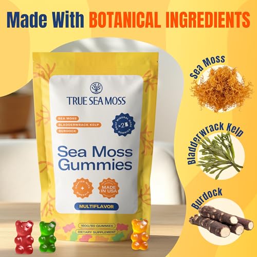 TrueSeaMoss Sea Moss Gummies with Bladderwrack & Burdock Root – Vegan Formula for Adults & Kids – Fruity Flavor – 60 Gummies (Pouch May Vary)