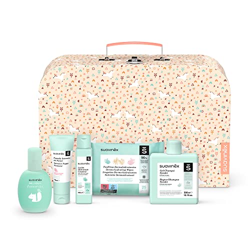 Suavinex, Caja Maletín Para Bebes. Set Regalo Bebé. Incluye: Gel-Champú Syndet 300ml + Loción Hidratante 100ml + Pomada Pañal 75ml + Colonia Memories 100ml + Toallitas Dermohidratantes 25 ud, Coral