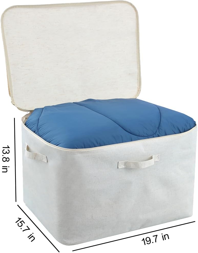 78L Clothes Storage Bag, 19.7 x 15.7 x 13.8 inches, Standing Upright Linen Fabric Closet Organizers for Comforter Blanket, Quilt, Sweater, Foldable Zipper Container, 2 Carrying Handles, Beige