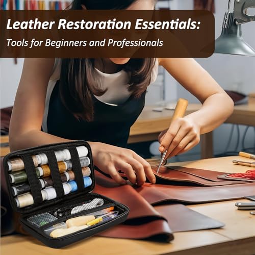 Leder Nähset, 48 Stück Leder Werkzeuge Set, Ledernähset mit Nähnadeln, Hochleistungs-Nähset mit Nähnadeln, Nähgarn für Reparaturen, Nähahle, Handnähen, Leder Werkzeuge Set für DIY Handwerk