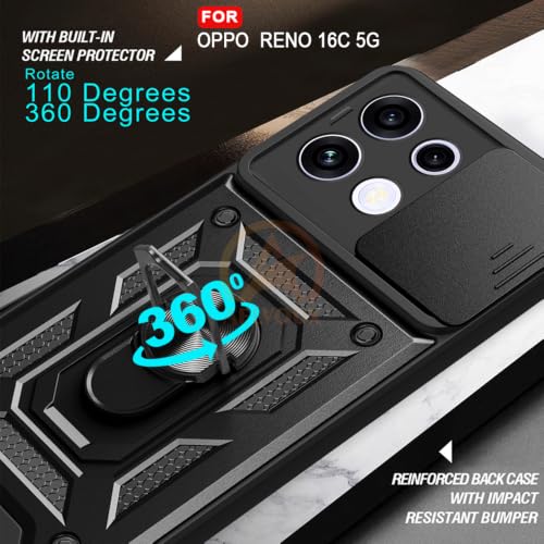 Image of Armor Bumper Back Cover Case for Oppo Reno 16C 5G Rotating Camera Cover, Ring Holder & Kickstand | Heavy Duty & 360 Degree Protection Back Cover for Oppo Reno 16C 5G (Black)