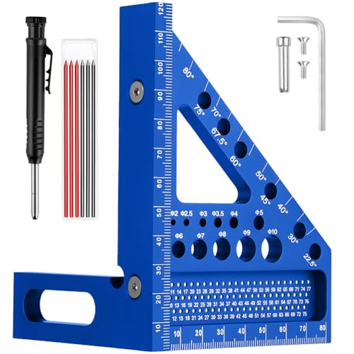 Flintronic 3D-Gehrungswinkel, 120MM, Aluminium Winkelmesser Metall 22.5-90 Winkelmaß, Multifunktional Präz.-Gradmesser Lineal mit Bleistift und Minen für Holzarbeiten Heimarbeit Handwerker, Blau