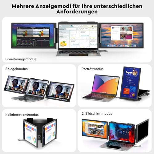 Laptop Bildschirm Erweiterung, 14 FHD 1080P Triple Portable Monitor, Tragbarer Monitor für Laptop 14-16, USB C Monitore Erweiterung für Mac, Win, Chrome, Typ-C-Anschluss (Kein HDMI), Plug-and-Play