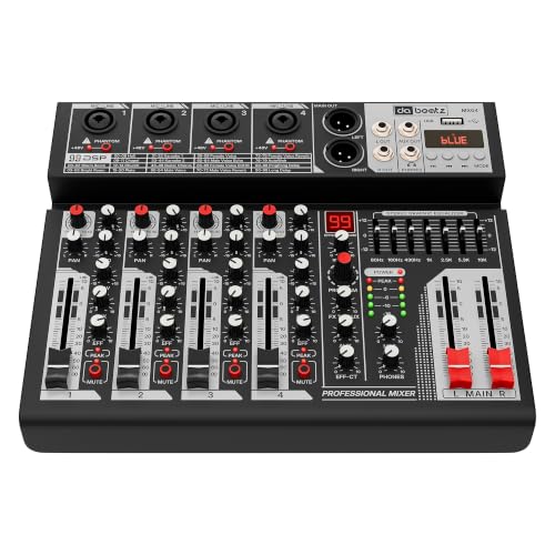 Image of Dabeatz MX04 4-Channel Audio Mixer with XLR /6.35mm Combo Inputs, Bluetooth & USB Playback, 99 DSP Effects, 7-Band EQ, Recording & 48V Phantom Power for DJ, Karaoke & Live Sound