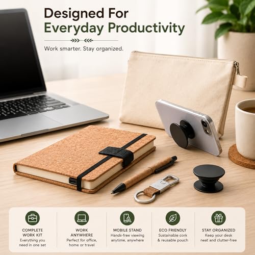 Image of 4 in 1 gift set | Diary Gift Set | Cork Utility Pro Kit with A5 Notebook & 16GB USB Pen Drive | Cork Pen | Keychain & Mobile Stand in Canvas Pouch | Premium Corporate Gift Set | Gift Set for Men and Women