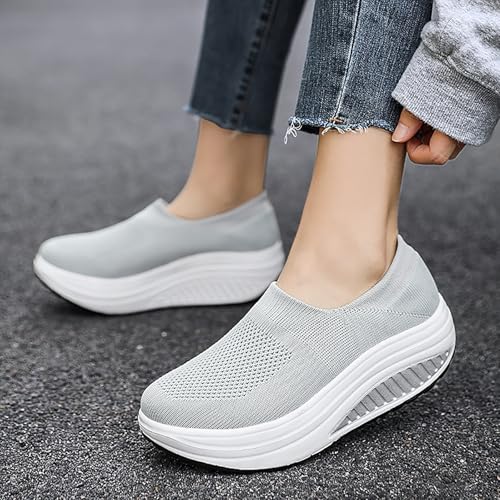 Image of Women's Knitted Platform Slip On Walking Sneakers,Comfort Lightweight Arch Support Non Slip Casual Mesh Breathable Workout Work Shoes