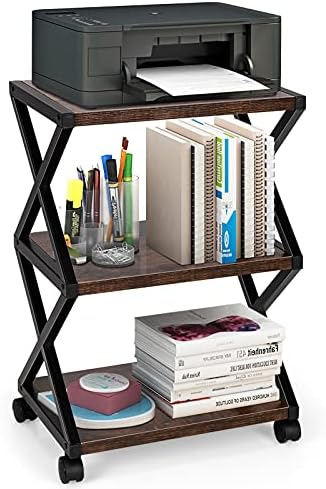 Multigot Mobile Printer Stand, Desktop Fax Machine Shelf with Non-Slip Foot Pads and Wheels, X-Shaped Storage Cart for Home, Study and Office (Rustic Brown)