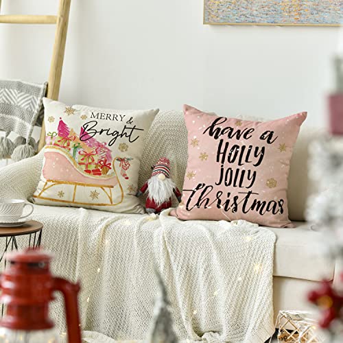 Avoin Colorlife Pink Christmas Stripes Santa Christmas Tree Sleigh Stocking Gift Throw Pillow Covers, 18 X 18 Inch Winter Holiday Cushion Case Decoration For Sofa Couch Set Of 4 #TOP3