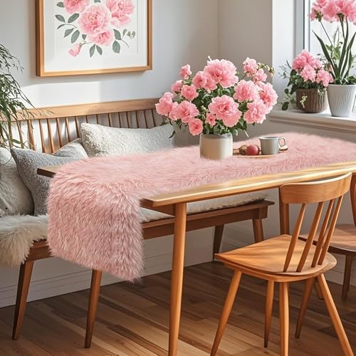 tiosggd Blush Pink Table Runner Short, 48 inch Spring Pastel Pink Fluffy Faux Fur Dresser Runners for Bedroom Furniture, Dining Room, Furry Dresser Cover Top, Mother's Day Wedding Home Decor -  BlushPK-Fur-48inch