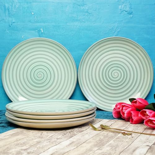 Image of Freakway Hand-Painted 'Sea Swirls' Stoneware Dinner Plates 10.2 Inch Set of 6 Pieces Serving Plate Thali Ceramic Plates for Dinner | Microwave & Dishwasher Safe | Green