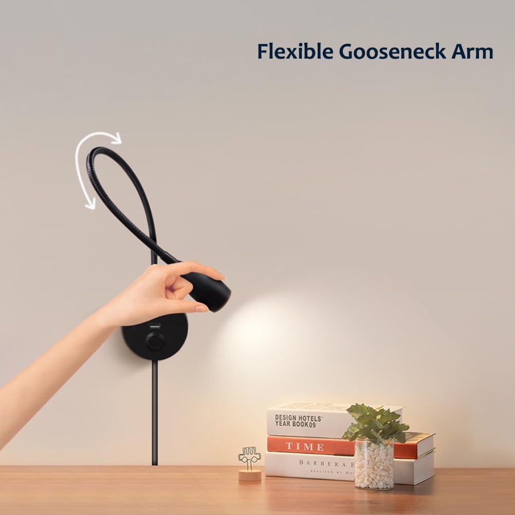 LED Gooseneck Wall Reading Lamp with Switch, Touch Dimmable and USB Charging, Adjustable Color Temperature 3000-6000K, Bedroom and Office Wall Mounted Light, Black