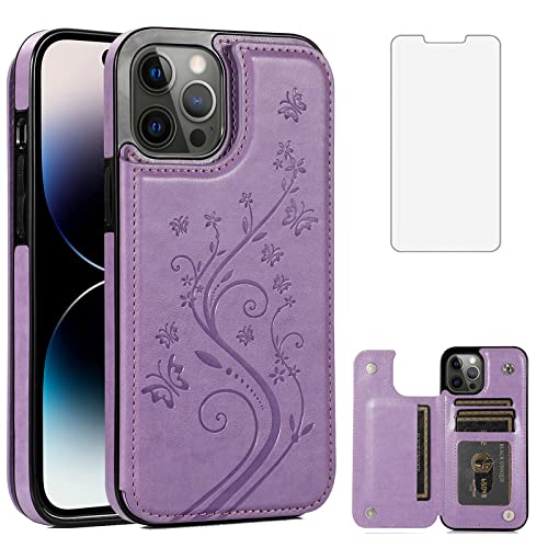 Étui portefeuille iPhone 14 Pro Max anti-choc avec vitre en verre trempé violet