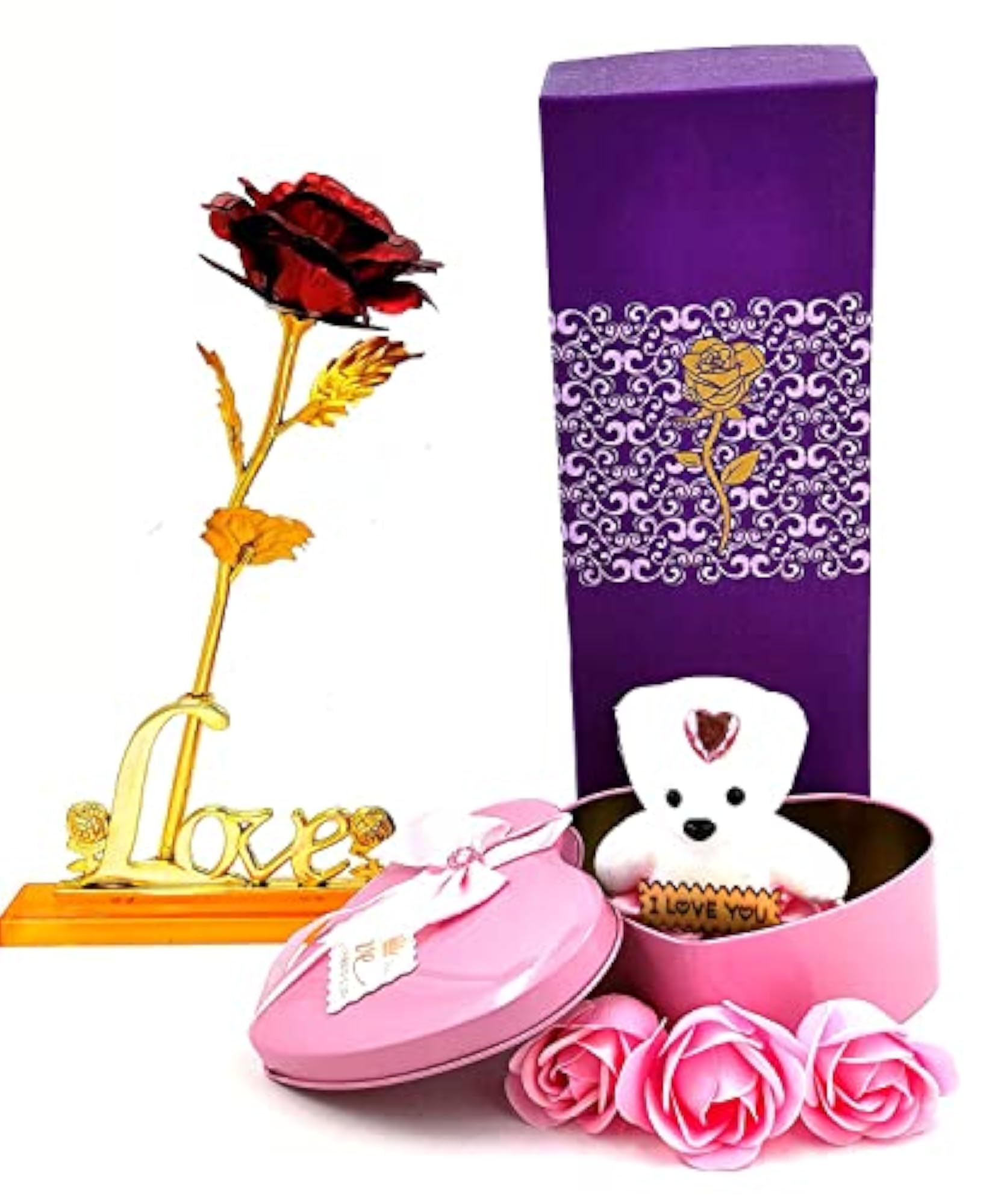 Heart Shape Gift Box with Teddy & Red Rose