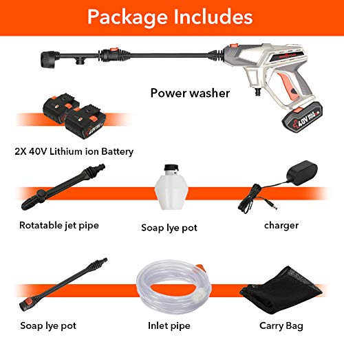 ROCKPALS Cordless Pressure Washer, 2 x 40V Batteries Max 870 PSI Power Washer with Accessories, Portable Power Cleaner with 6-in-1 Adjustable Nozzle, Suitable for Washing Cars/Fences/Siding
