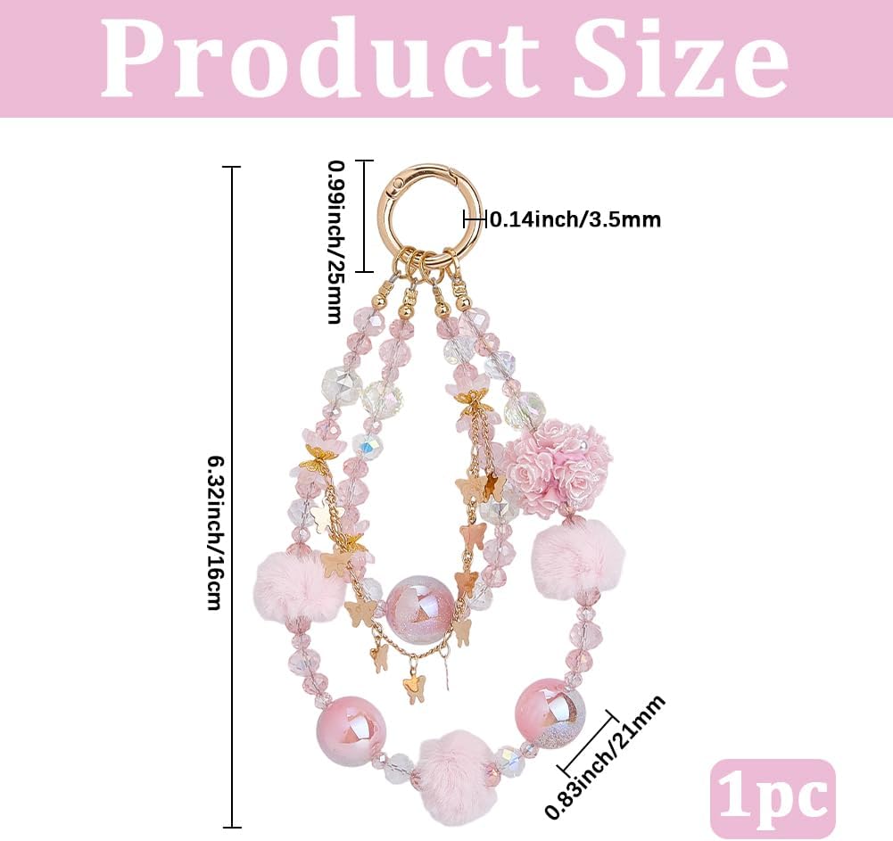 1 Box Phone Chain Strap Bead Aesthetic Colorful Resin Beads Flower Butterfly Fur Balls Alloy Spring Clasp Detachable Charm Wrist Link Chain for Cell Phone Case Lanyards Keys Bags DIY Decor image 2