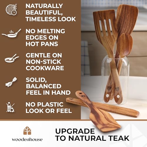 Image of Wooden Spatula for Cooking - Non-Scratch, Sturdy, Natural Teak Cooking Utensils - Easy to Clean Wooden Spatula Set with Turner, Scraper, Slotted & Frying Wood Spatulas, Jar Scraper, Spoonula - 6 Pcs