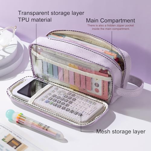 Image of EASTHILL Large Capacity Pencil Case Cute Pencil Pouch with Handle Stationery Pen Bag for Teen Girls-Purple
