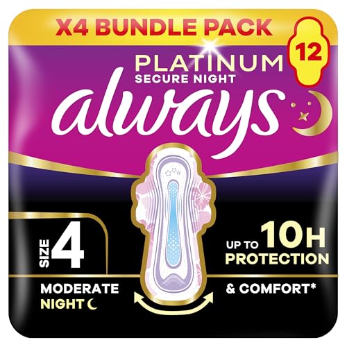 Image of Always Platinum Size 4 Sanitary Pads With Wings Secure Night 12 Pack