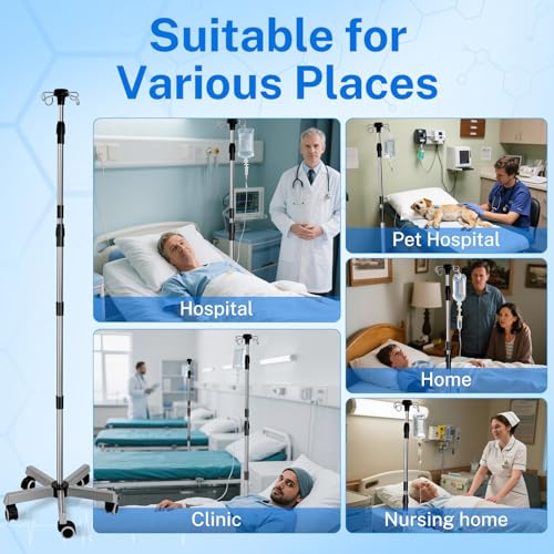 IV Pole with 4 Hooks 5 Legs, Rolling Base with Brake Wheel, 64.6 to 81.1 Inches Adjustable Height Portable Medical Pole IV Stand, Stainless Steel