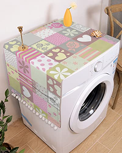 Fridge Dust Cover, Valentines Washing Machine Top Covers, Farmhouse Buffalo Plaid Colorful Love Heart Flower Polyester Kitchen Refrigerator Covers Protector Storage Organizer Bags, 28" X 67" #TOP2