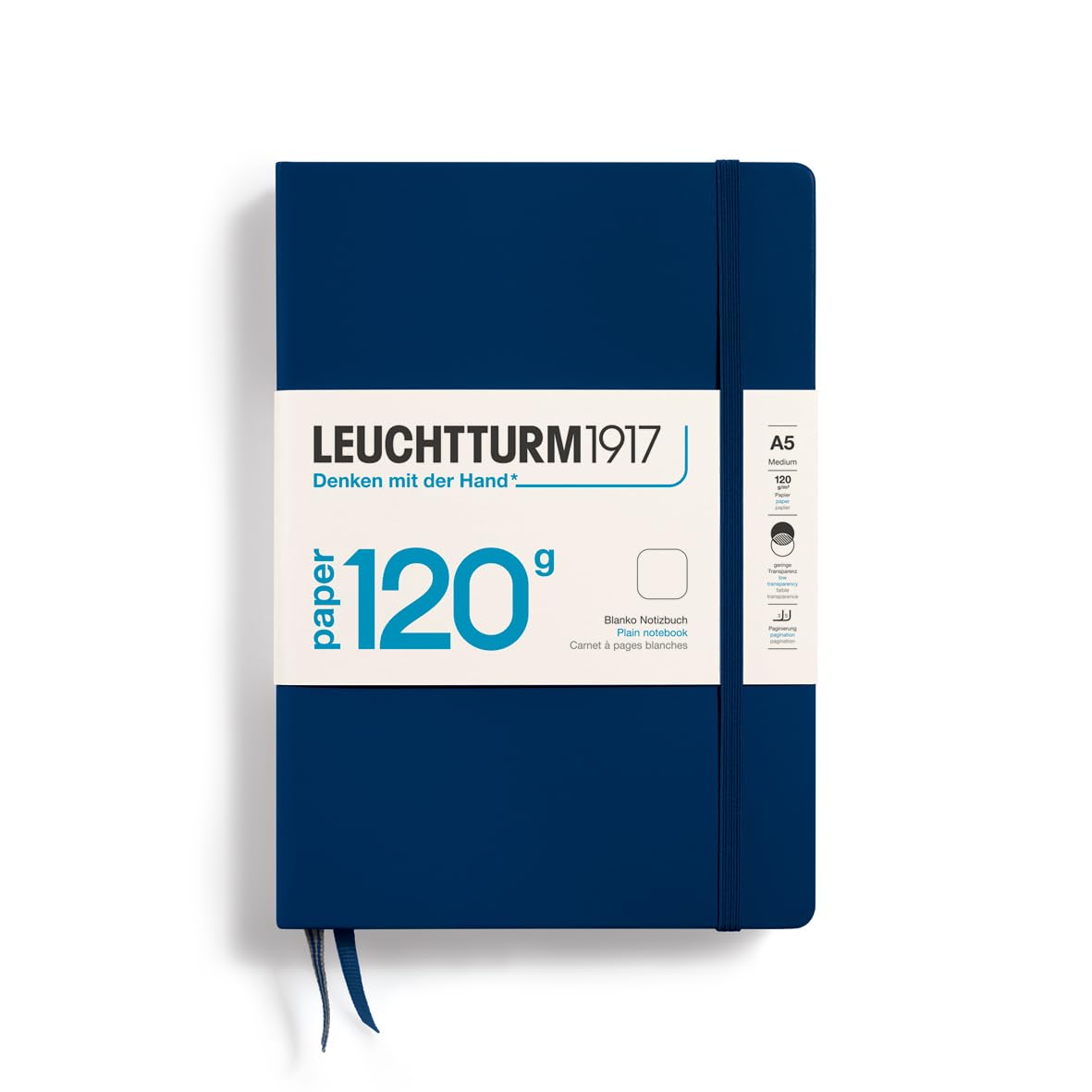 LEUCHTTURM1917 372382 Notebook Medium A5, Edition 120, Hardcover, 203 Numbered Pages, with 120g/sqm Paper, Navy, Plain