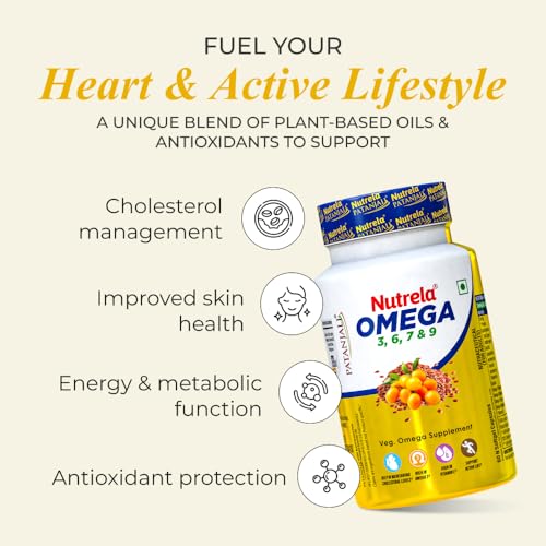 Image of NUTRELA Patanjali 1500 mg Omega 3 6 7 9 for Men & Women - 60 Veg Softgel | Strength Supplement for Muscle, Bone, Heart, Eye, Skin & Brain with EPA 200mg & DHA 150mg