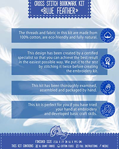 Image of Povitrulya Blue Feather Cross Stitch Bookmark Kit - DIY Embroidery Gift for Booklovers