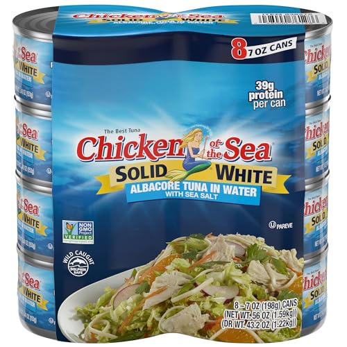 Chicken of the Sea Solid White Albacore Tuna in Water, Wild Caught Tuna, 7-Ounce Cans (Pack of 8) Packaging May Vary