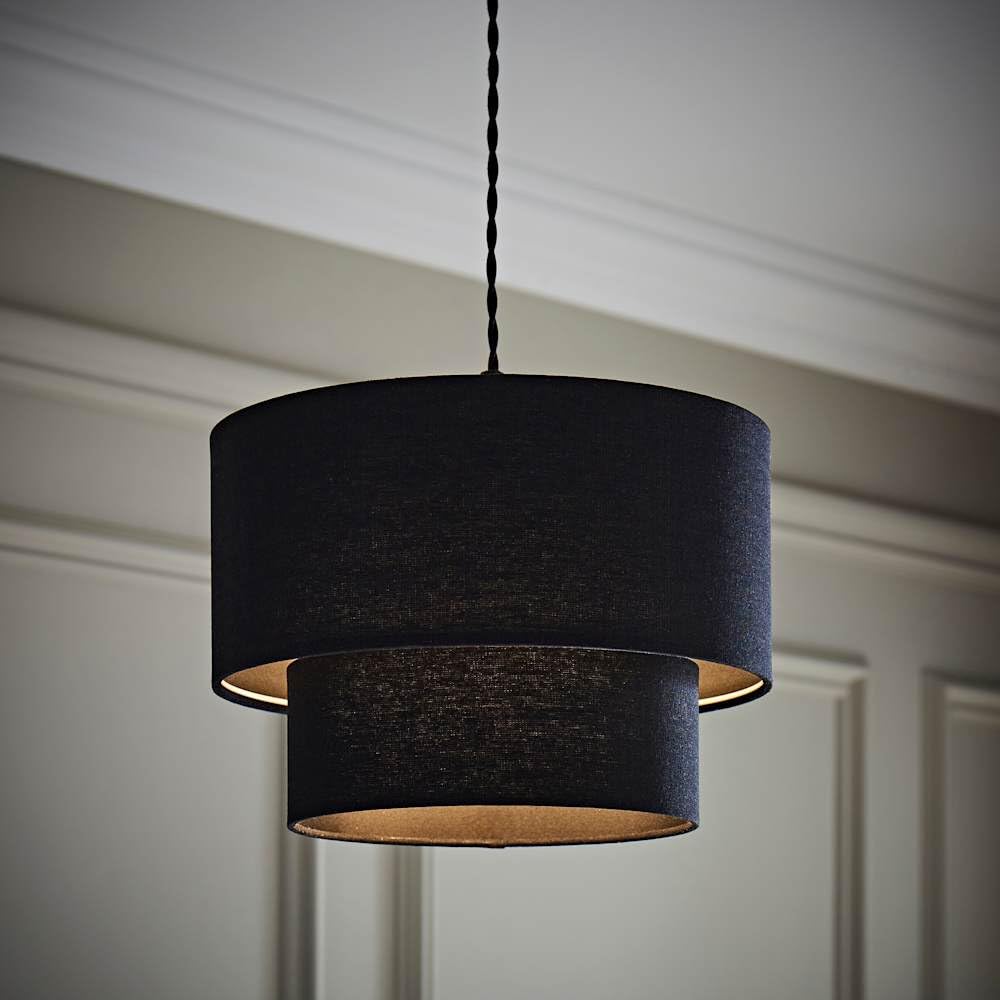 Valuelights Unisex Black Jodie Linen Two Tier Easy Fit Drum Ceiling Light Lamp Shade With Bulb In