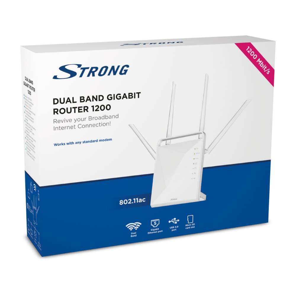 STRONG Dual Band Gigabit WLAN Router 1200, Bis 1200 Mbit/s für 5GHz WiFi, LAN, WAN, WLAN Verstärker, Anschluss an Kabel-/DSL-/Glasfaser-Modem, Gast-Netzwerk, Weiß