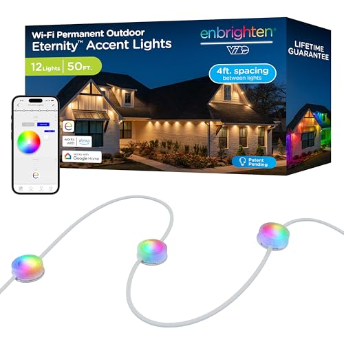 Enbrighten Vibe Eternity Accent Permanent Outdoor Lights for House, 50ft, 12 RGBWIC LEDs, Wide Spacing, 94lm, Tunable White, Everyday Eave Lighting, Smart App, Works with Alexa, Google Home, 85709
