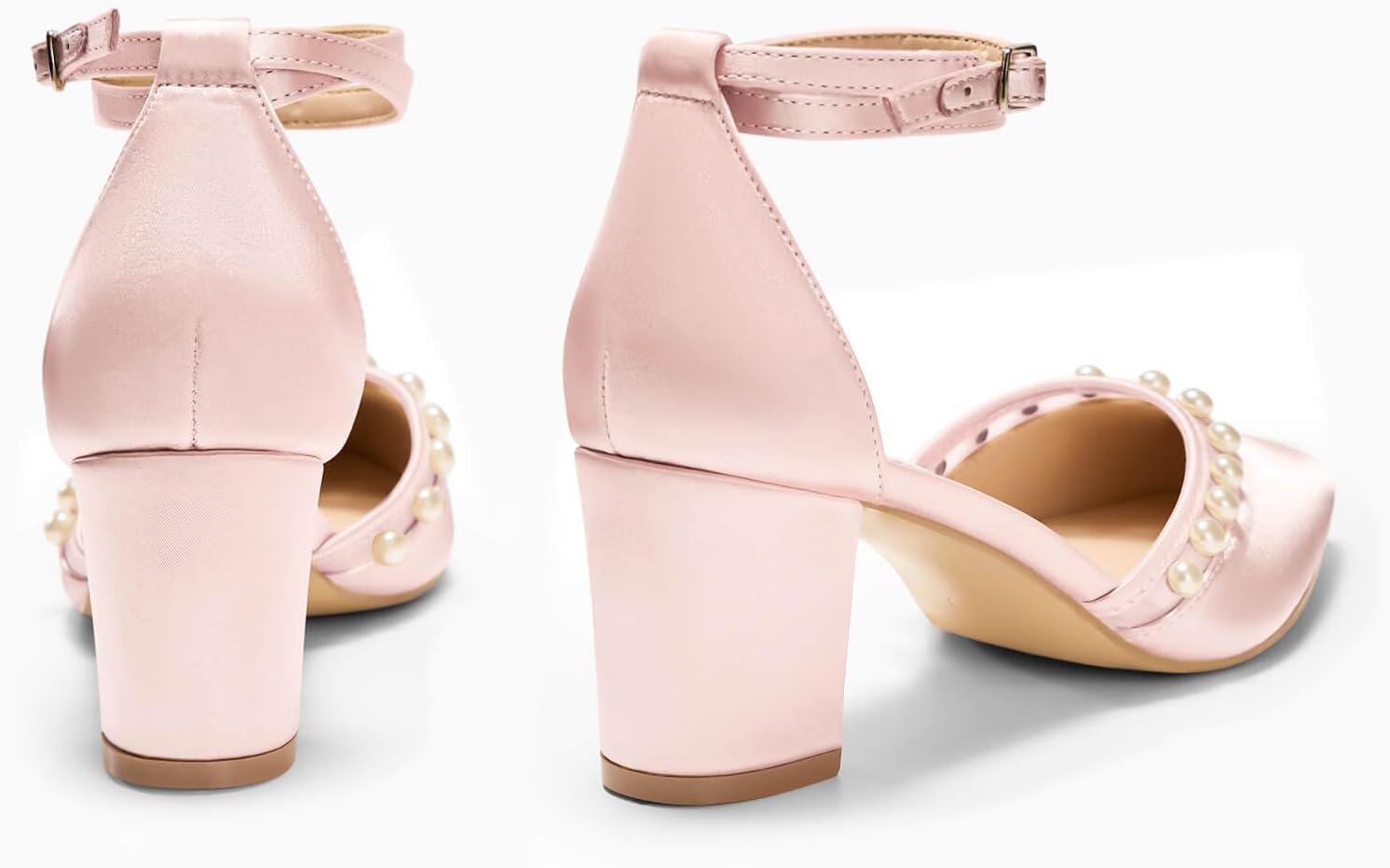 Coutgo Womens Pearl Chunky Heels Wedding Shoes for Bride Closed Pointed Toe Ankle Strap Satin Pumps - Image 5