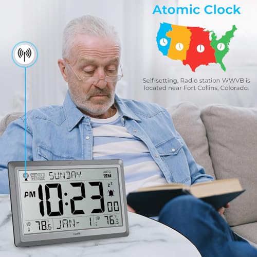 HODIK Atomic Wall Clock with Indoor Outdoor Temp, Digital Clocks(Silver) - Image 2