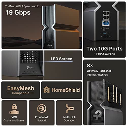 undefined TP-Link Tri-Band BE19000 WiFi 7 Router (Archer BE800) | 12-Stream 19 Gbps | 2×10G + 4×2.5G Ports | LED Screen, 8 High-Performance Antennas | VPN, Easy Mesh, HomeShield, Private IoT, Free Expert Help の商品画像 3