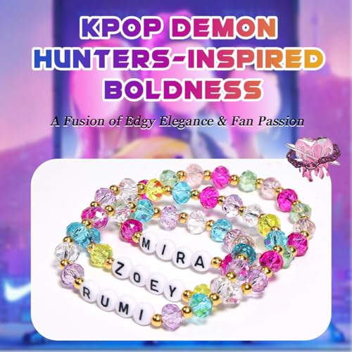 AICase for Kpop Demon Hunters Merch Rumi Zoey Mira Inspired Bracelets 3 Pcs Stackable Stretch Friendship Beaded Crystal Bracelets for Huntrix k pop Unique Merchandise Jewelry Gifts for Fans Women_702