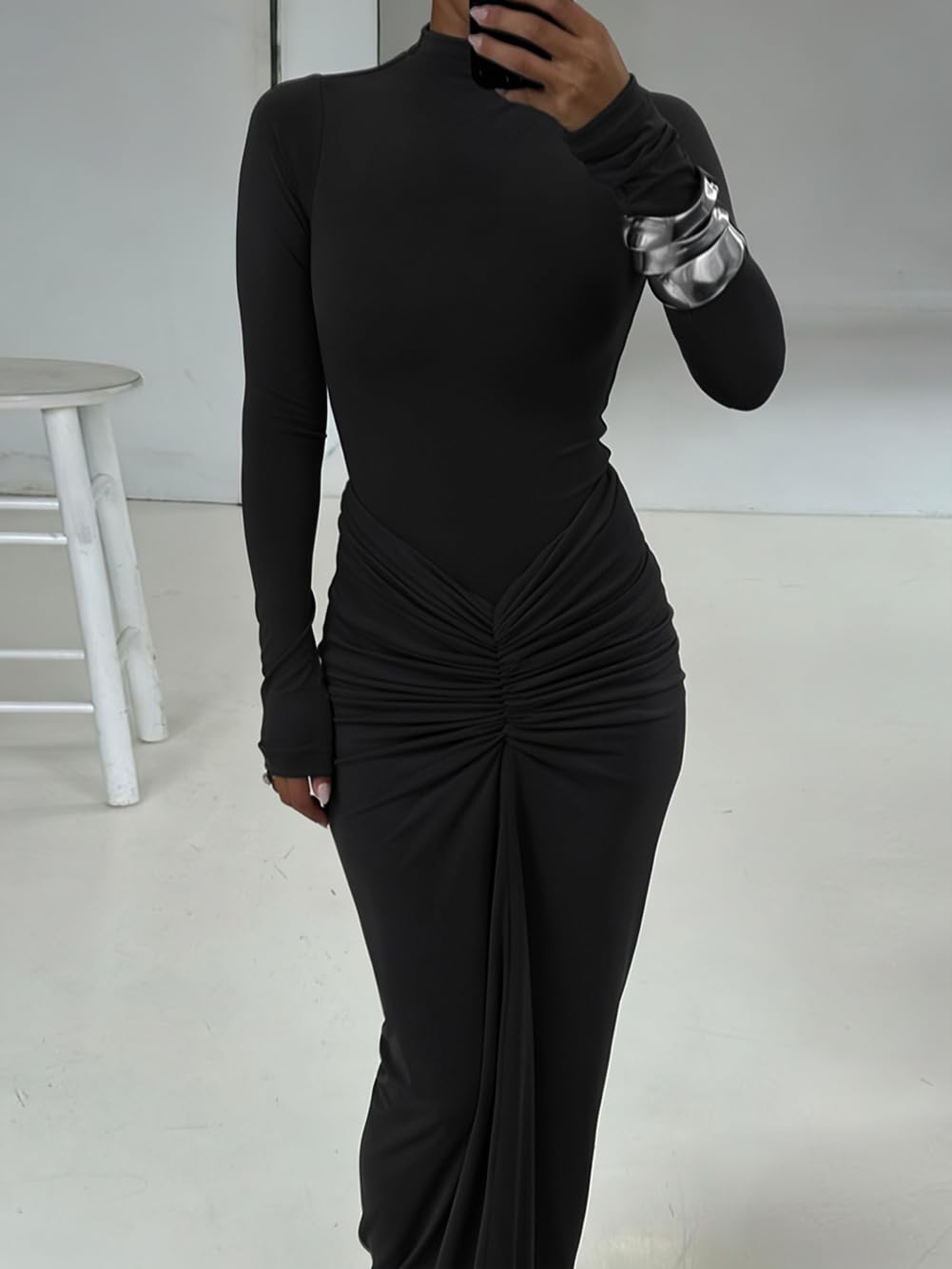 Vestito Donna Elegante Maniche Lunghe Maxi Abito Aderente con Scollo Alto Sexy Vestiti Lungo a Pieghe Abiti da Sera Cerimonia Festa Cocktail Matrimoni Autunno Inverno Casual Bodycon Tubino