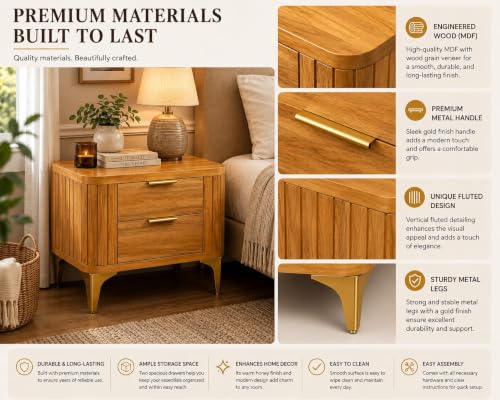 Image of Solid Sheesham Wood Bedside Table for Bedroom & Livingroom | Nightstand End Table with 2 Drawers Storage for Home | Modern & Luxury Design| (Honey Finish 1)