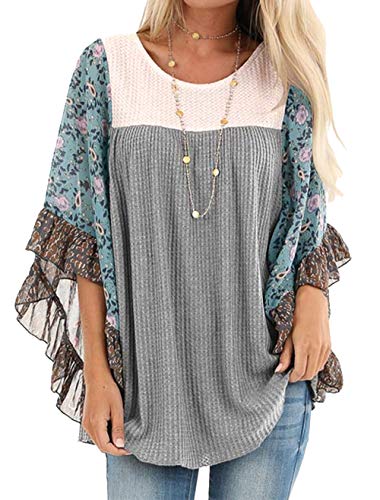Casuress Womens Floral Printed 3 4 Sleeve Shirt Batwing Loose Tops Blouses Pullover (Small, Type 1) #TOP3