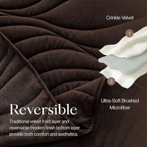 Image of DOWN HOME Crinkle Textured Velvet Quilt Set with Shams, All-Season Luxury Modern Bedding,Easy Care Comforter,Ultra-Soft,Lightweight & Breathable, Cali King, Antique Brown