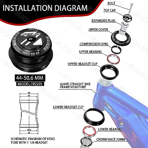 BUCKLOS 1-1/8 Bike Headset MTB Threadless 34 44 44-50.6 44-55 44-56 41.8-52mm, Straight Tapered Tube Mountain Bikes Road Bicycle Double Sealed Bearings Headsets, for Frame Fork Expander Plug Star Nut